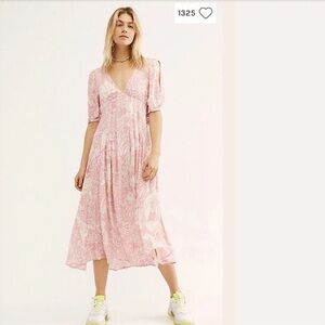 Free People Forever Always Midi Dress Pink Floral V Neck Short Sleeves Size 12
